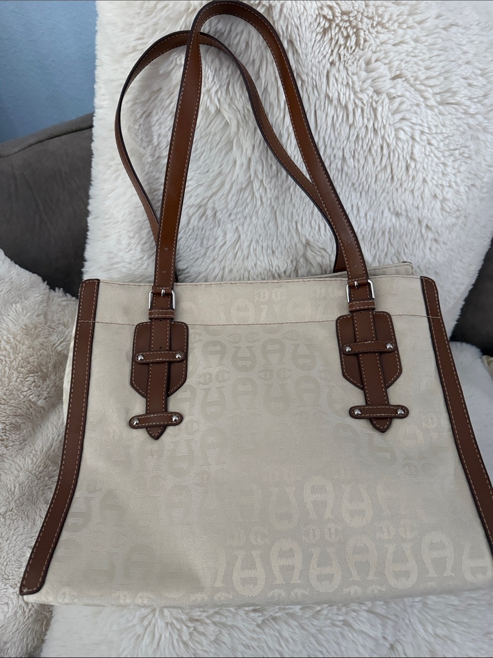 Etienne Aigner Cream Canvas Tote with Brown Leather Trim
